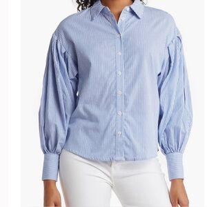 Philosophy Republic Blue White Striped Button Up Puff Poet Sleeved Blouse Large